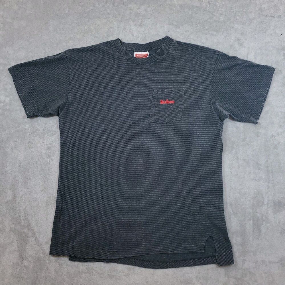 VTG Marlboro Unlimited Striped Embroidered Pocket T-Shirt L/XL Retro 90's